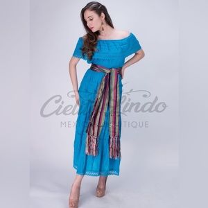 Adalia Mexican Maxi Solid Lace Blue Dress